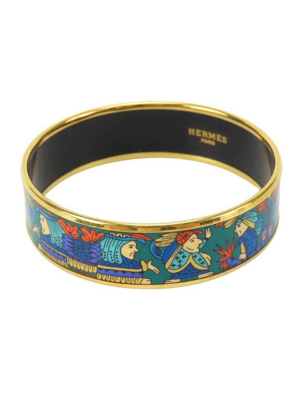 Hermes Bracelet Enamel GM Indian Motif Metal Green Blue Gold Bangle Plated